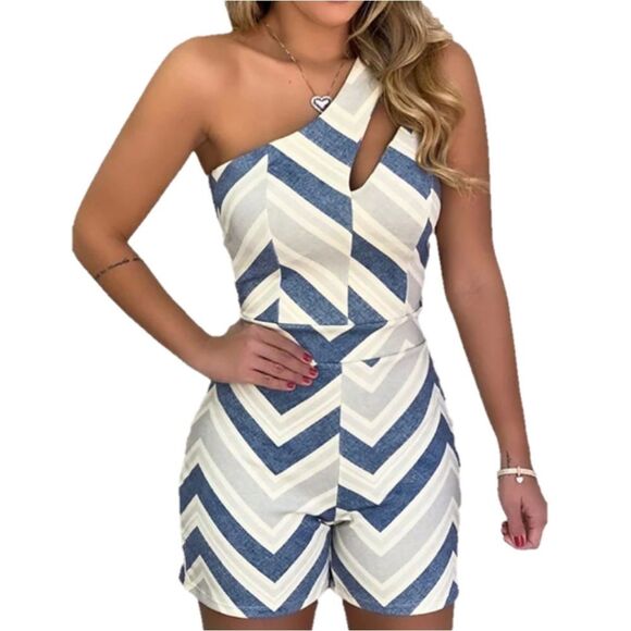 Women's Romper Backless Cut Out Striped One Shoulder Blue Medium - Picture 1 of 7
